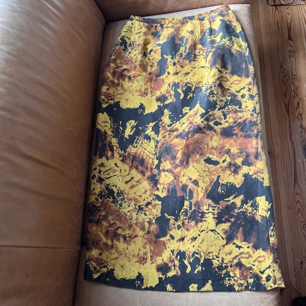 Vintage 100% silk yellow black brown maxi skirt print abstract art harve benard